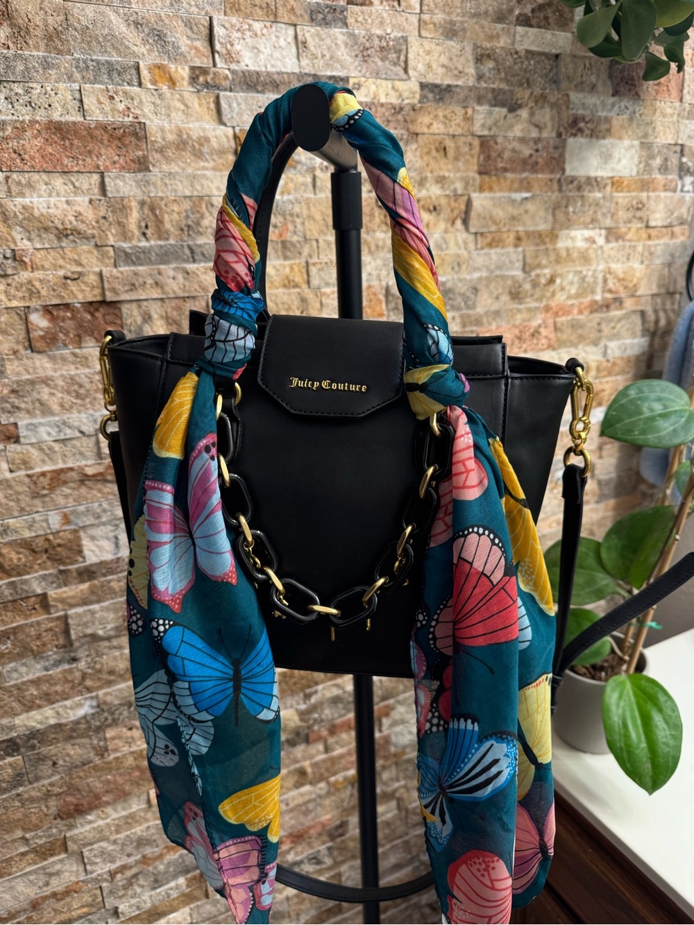 Juicy Couture Black Shoulder Tote with Teal Butterfly Scarf